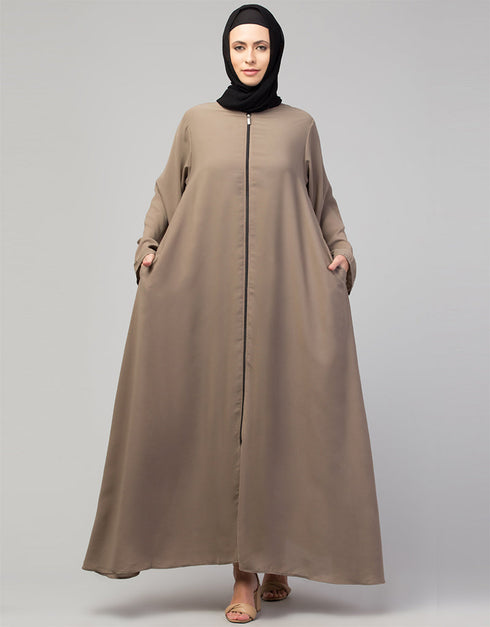 Muslim Front-Open Zip Abaya for Casual Wear In the Shade of Khaki